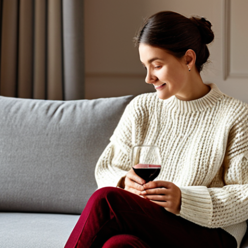 Home 21 A relaxed person in a cozy, modest knitted sweater and comfortable pants, comfortably seated on a plush sofa in a warm, inviting living room. Soft ambient lighting illuminates a side table holding a glass of high-quality wine and a small bowl of artisanal nuts. The person is enjoying a peaceful moment of self-care. The setting conveys a sense of tranquility and personal comfort. Fully clothed, appropriate attire, safe for work, perfect anatomy, natural pose, well-formed hands, correct proportions, natural body proportions, professional photography, high quality, family-friendly.