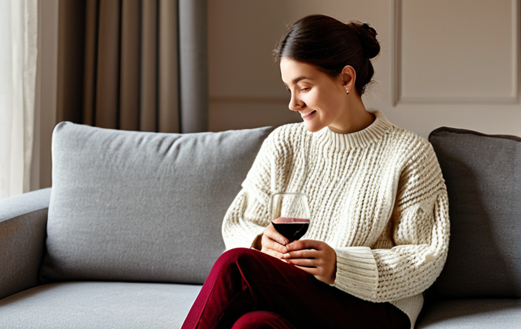 A relaxed person in a cozy, modest knitted sweater and comfortable pants, comfortably seated on a plush sofa in a warm, inviting living room. Soft ambient lighting illuminates a side table holding a glass of high-quality wine and a small bowl of artisanal nuts. The person is enjoying a peaceful moment of self-care. The setting conveys a sense of tranquility and personal comfort. Fully clothed, appropriate attire, safe for work, perfect anatomy, natural pose, well-formed hands, correct proportions, natural body proportions, professional photography, high quality, family-friendly.