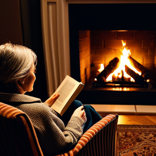 Home 20 Cozy Evening Reflection**
"A fully clothed woman in a comfortable armchair by a warm fireplace, reading a book with a glass of wine on a nearby table, soft lighting, candles, relaxing atmosphere, safe for work, appropriate content, professional photography, perfect anatomy, modest clothing, family-friendly."
**