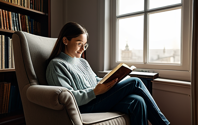 "A woman, fully clothed in comfortable clothing, reading a book in a cozy armchair by a window, soft lighting, safe for work, appropriate content, perfect anatomy, natural proportions, professional photography, family-friendly."