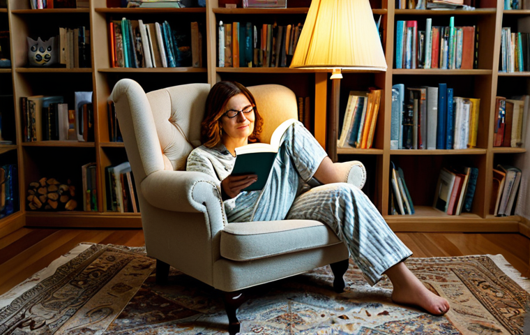 혼술할 때 즐길 수 있는 무료 콘텐츠 - Cozy Reading Nook**

Prompt: "A warm and inviting living room scene, safe for work, featuring a woma...